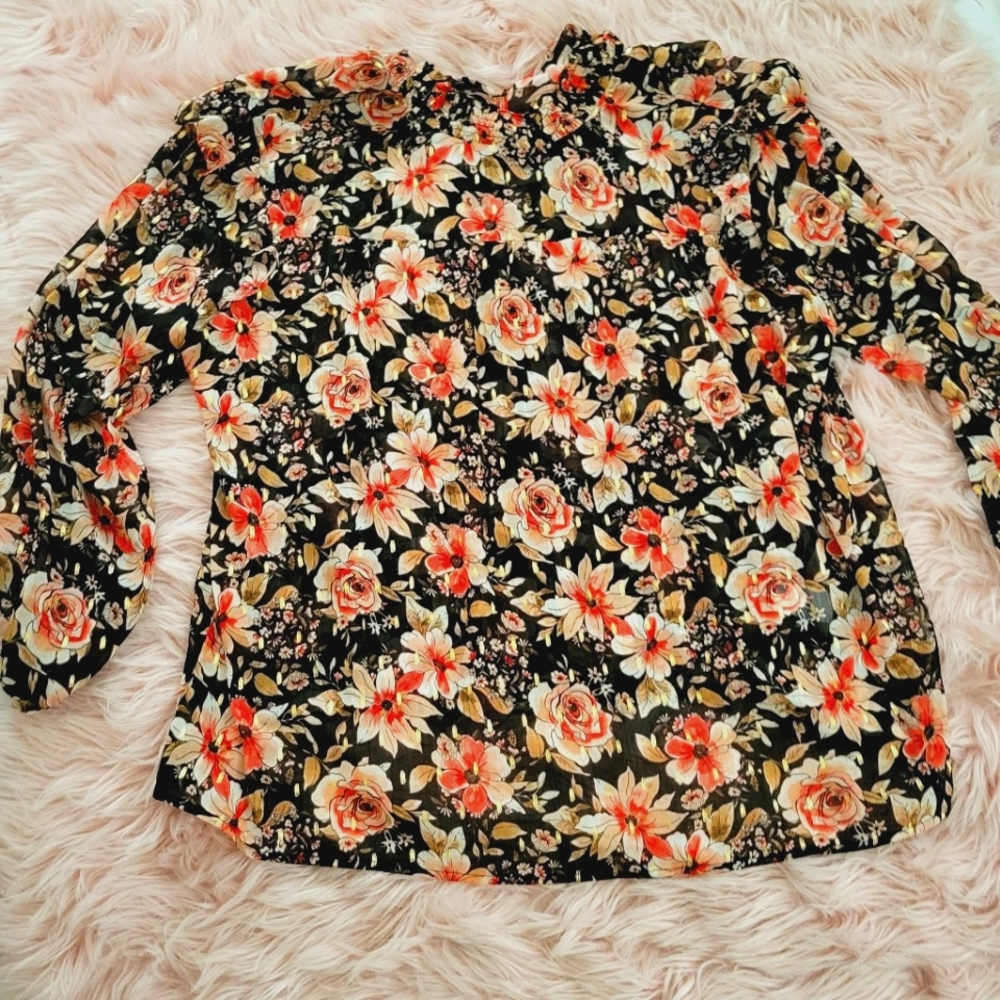 Maurices Plus Size: floral blouse with hints of black, pink, orange, and gold